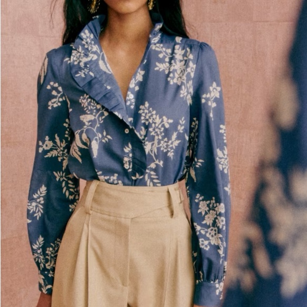 Sezane Chlo Shirt - Blue with Ecru